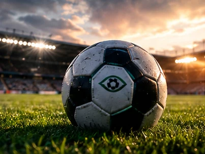 Illustrative football resting on a pitch under stadium lights